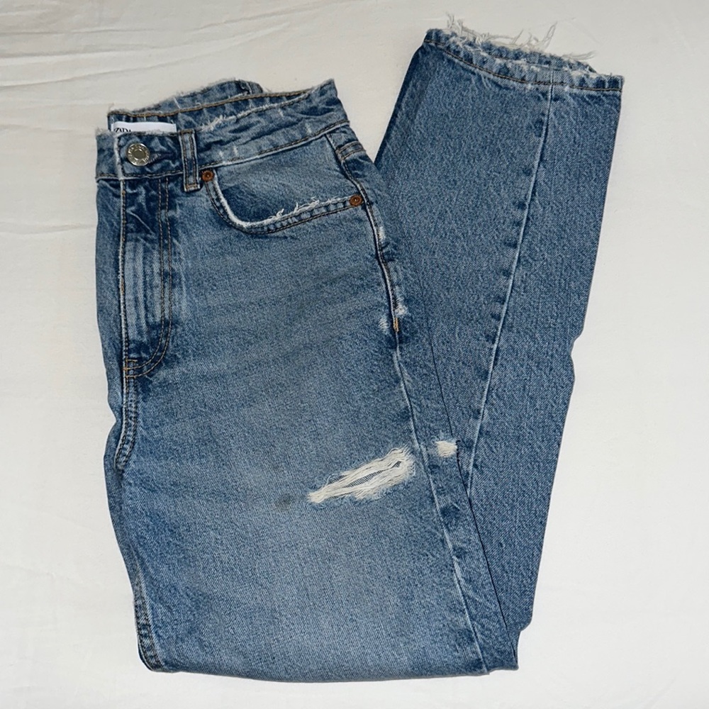 Zara Medium Wash High Rise Straight Ripped Denim Jeans Pants